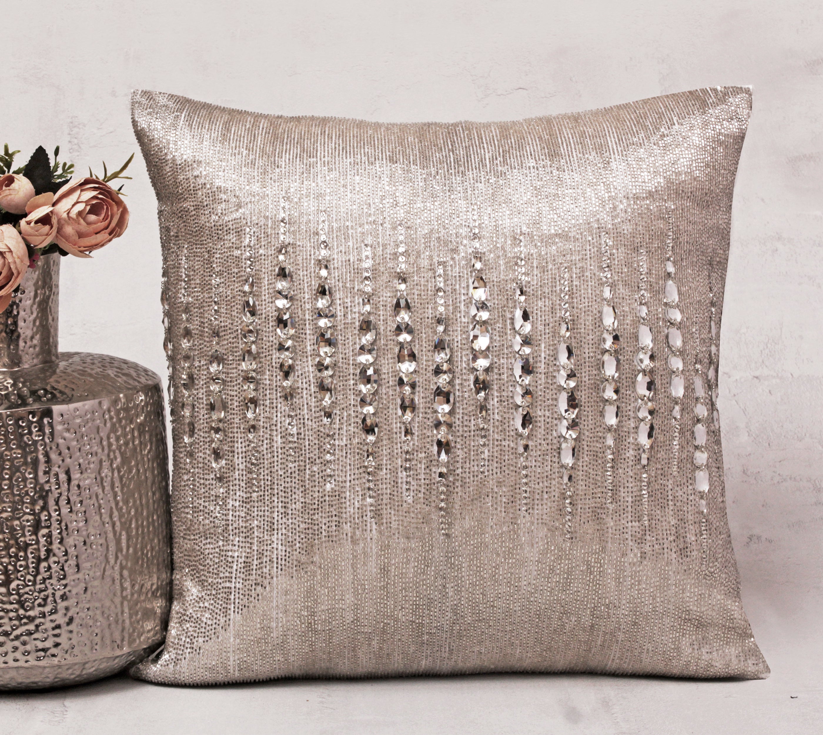 FORTUNE Silver Bling Beaded Cushion Cover