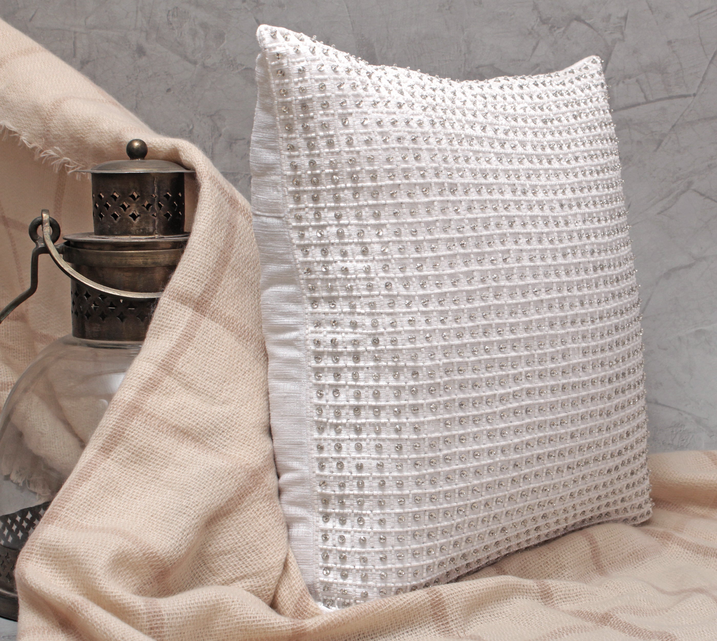 VICTORIAN White Beaded Cushion Cover