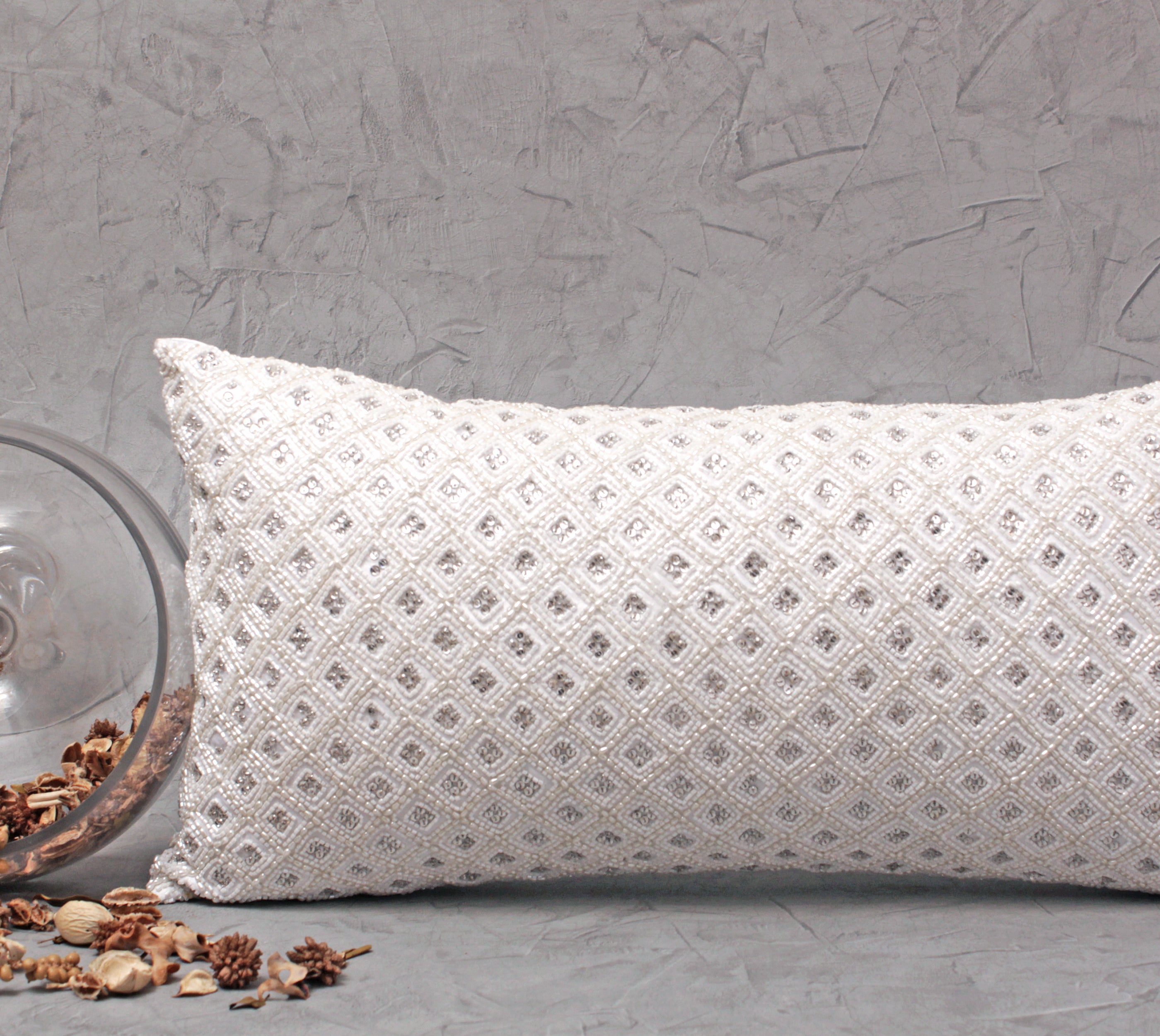 VICTORIAN White Beaded Cushion Cover