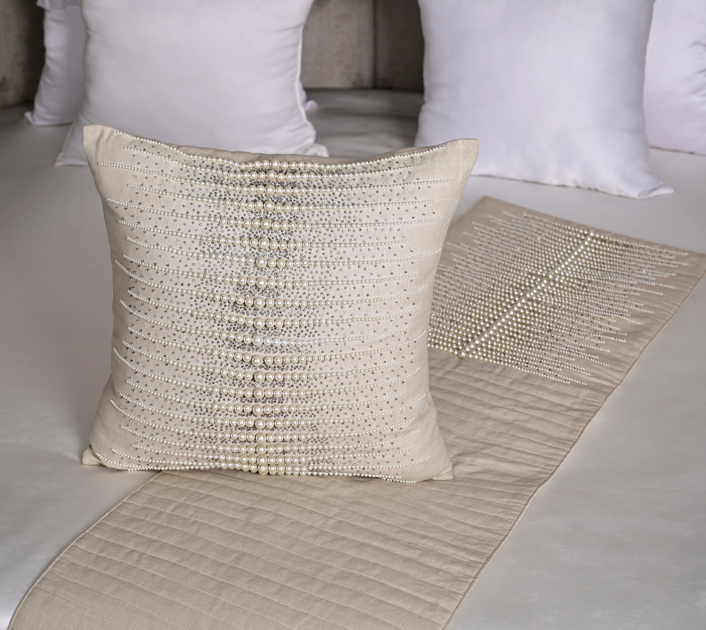 Linen Cotton, Off white and Silver Bed Runner Set