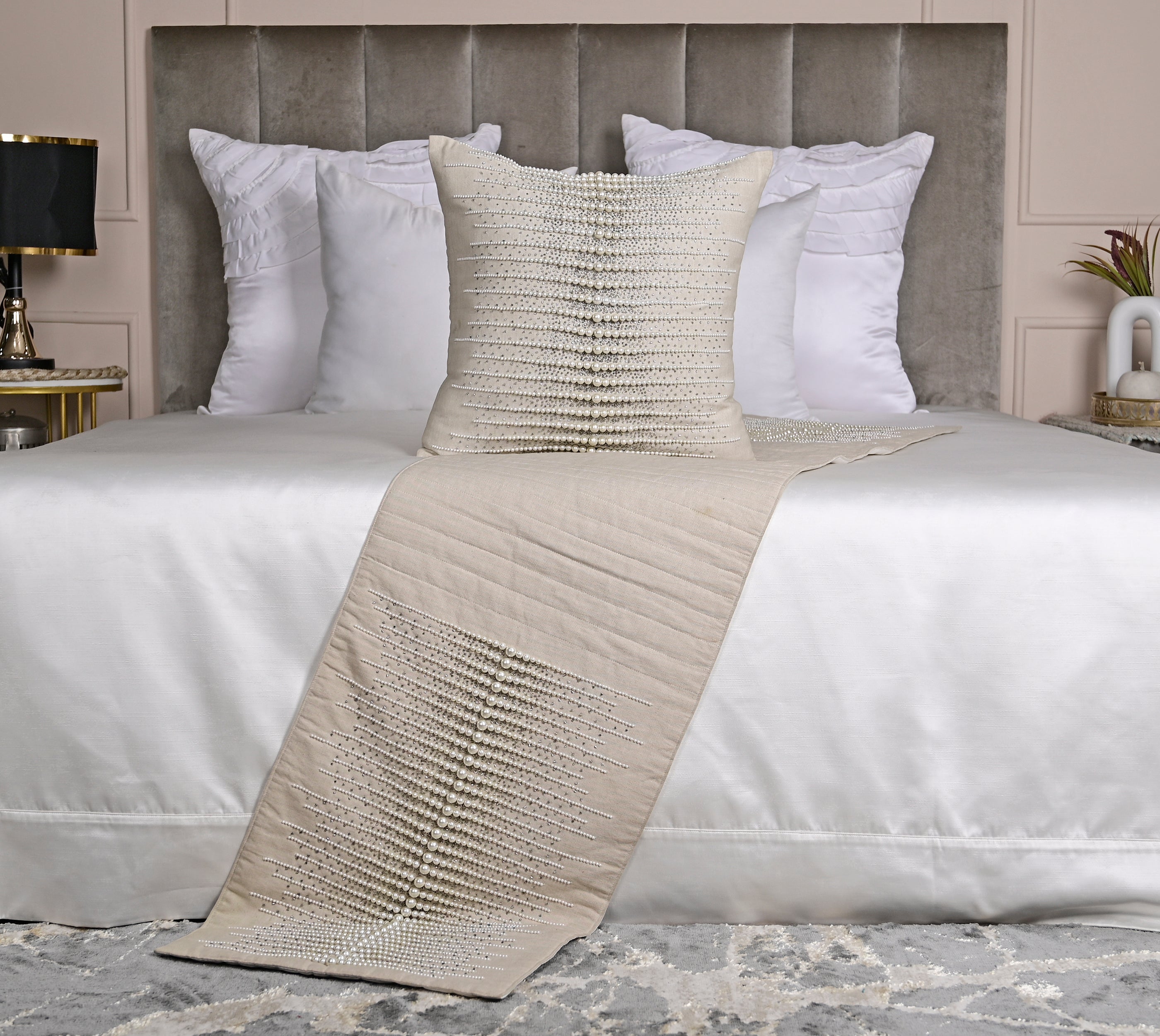 Linen Cotton, Off white and Silver Bed Runner Set