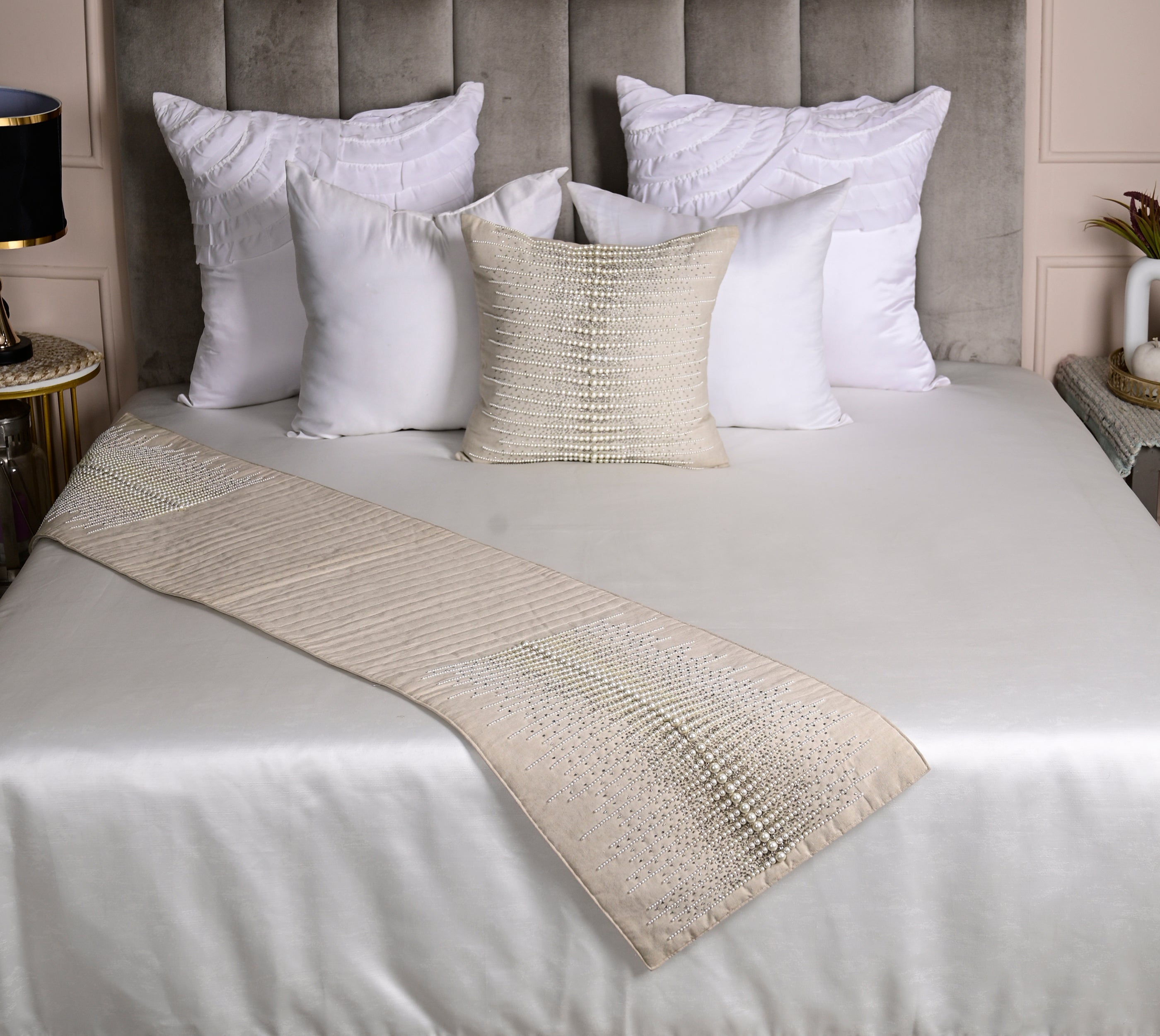 Linen Cotton, Off white and Silver Bed Runner Set