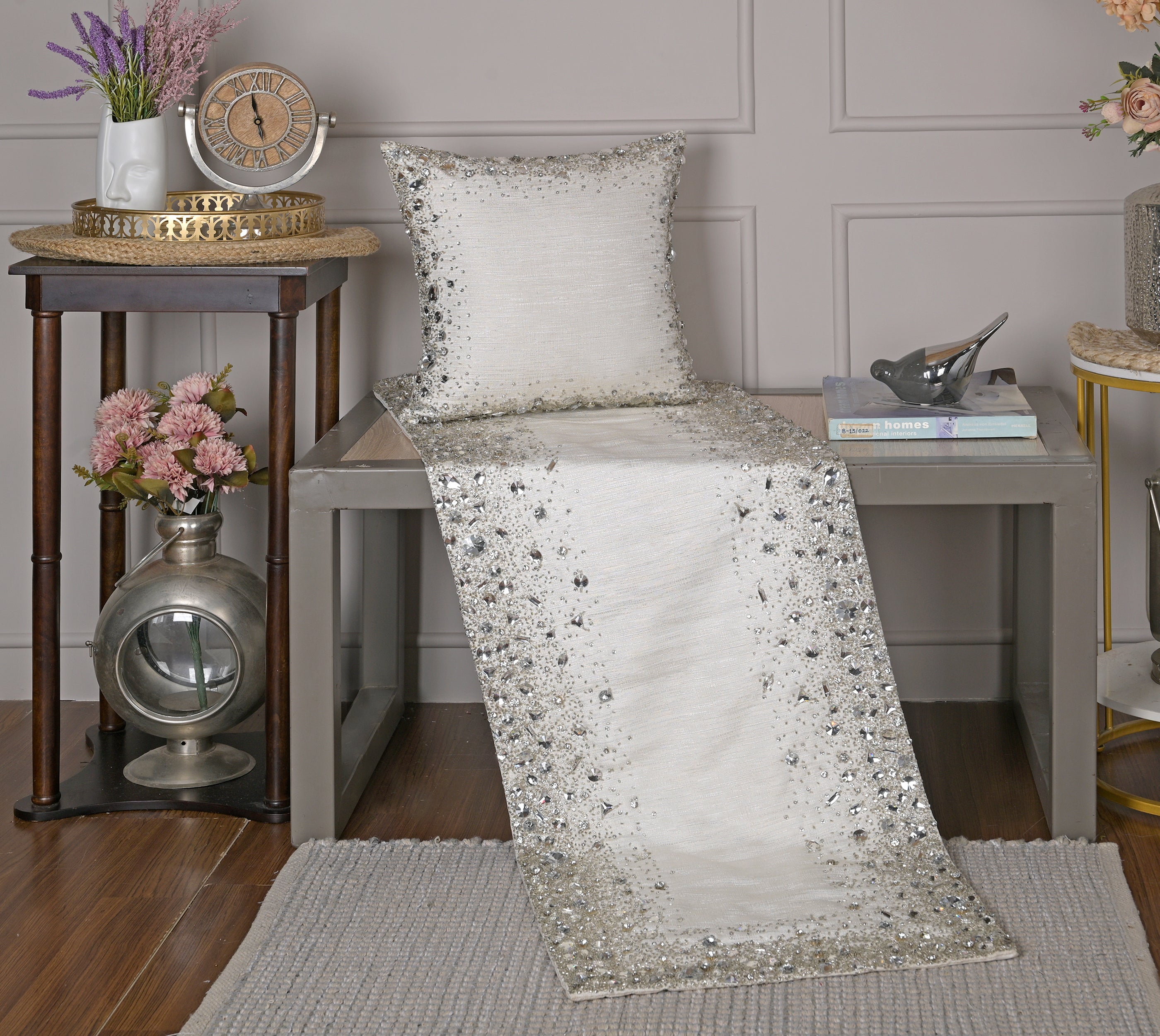 White and Silver Bed Runner Set