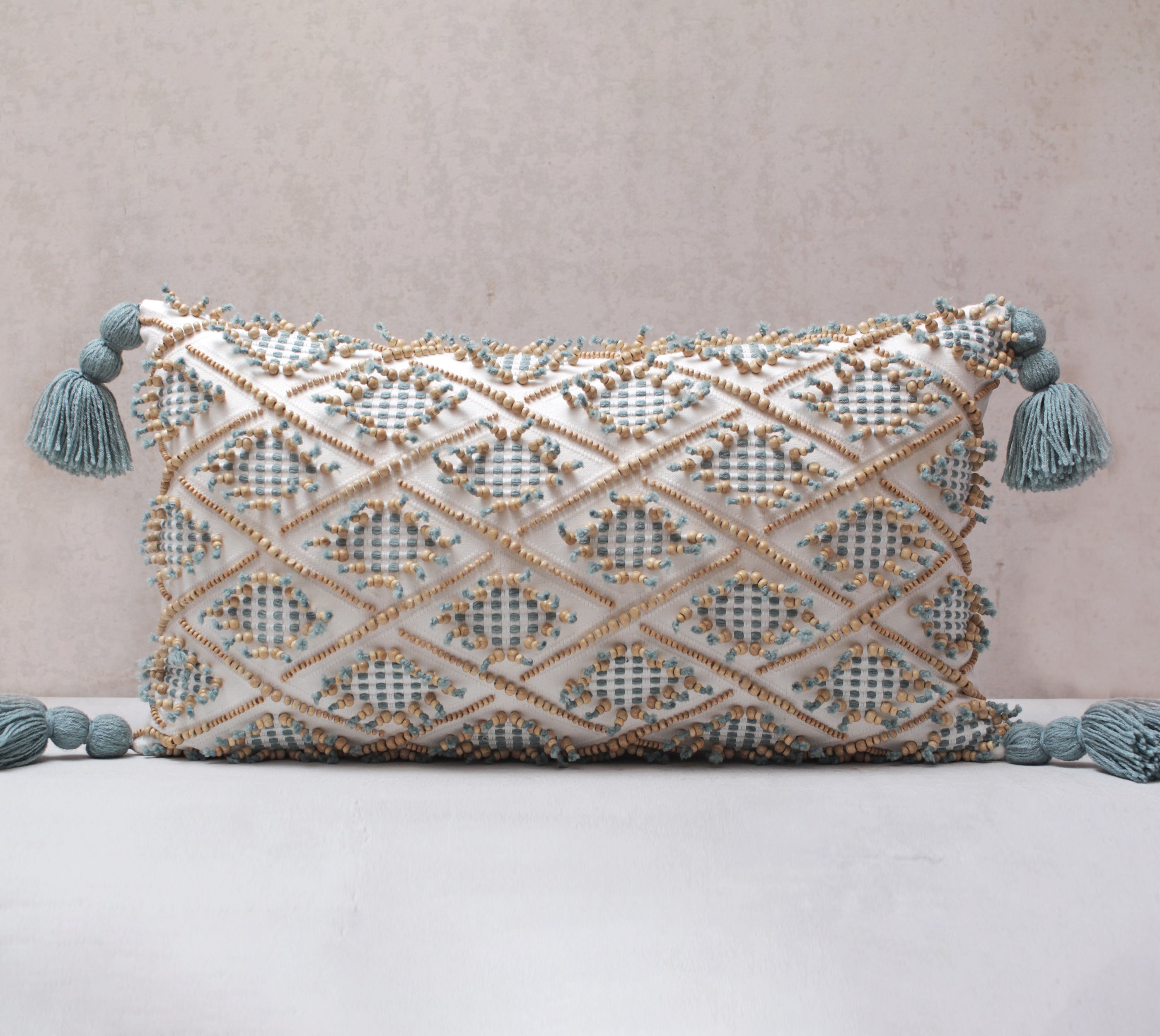 White and Teal Cotton Cushion Cover