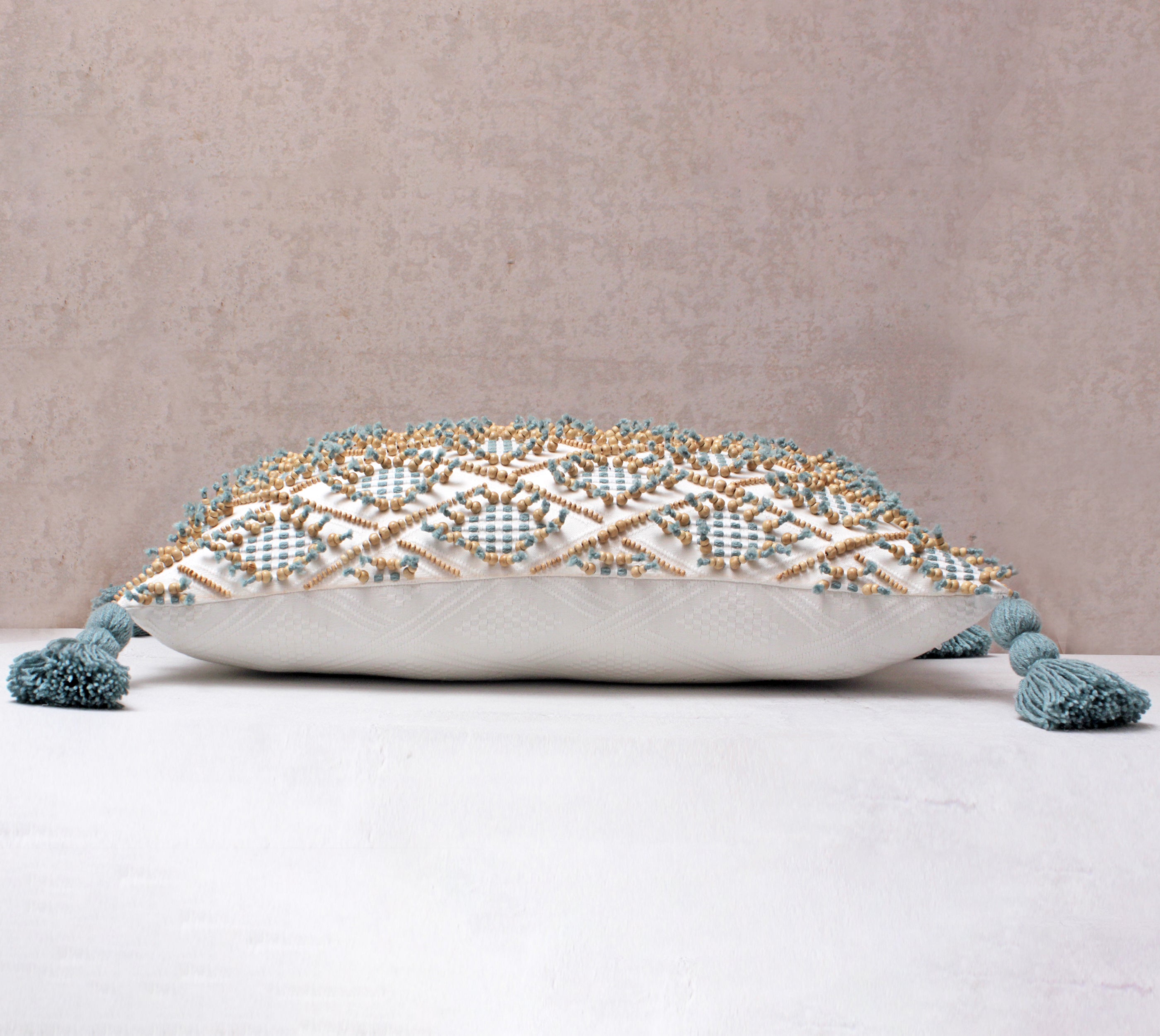 White and Teal Cotton Cushion Cover