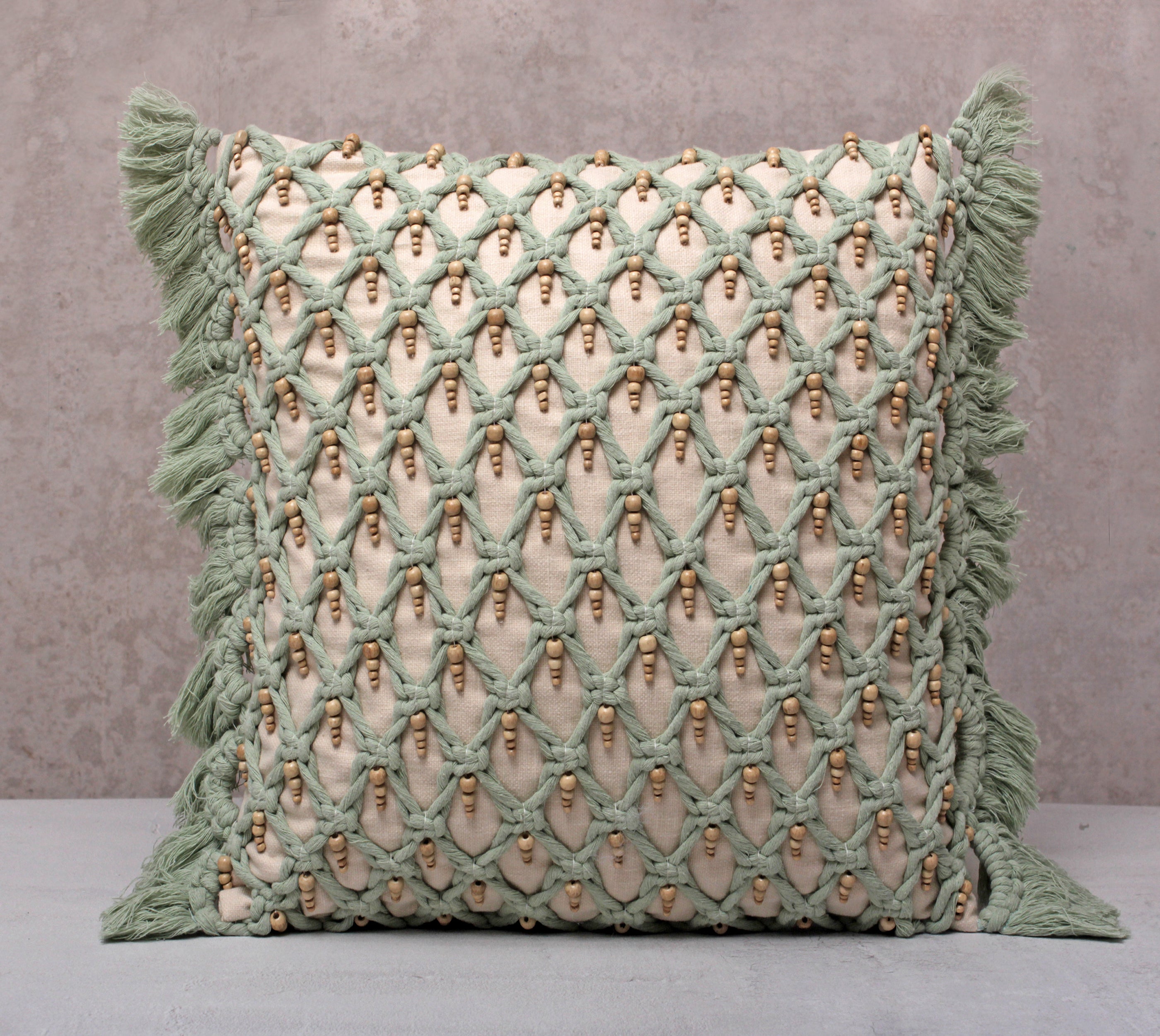 FREYA Sage Off-white Macrame Cotton Cushion Cover