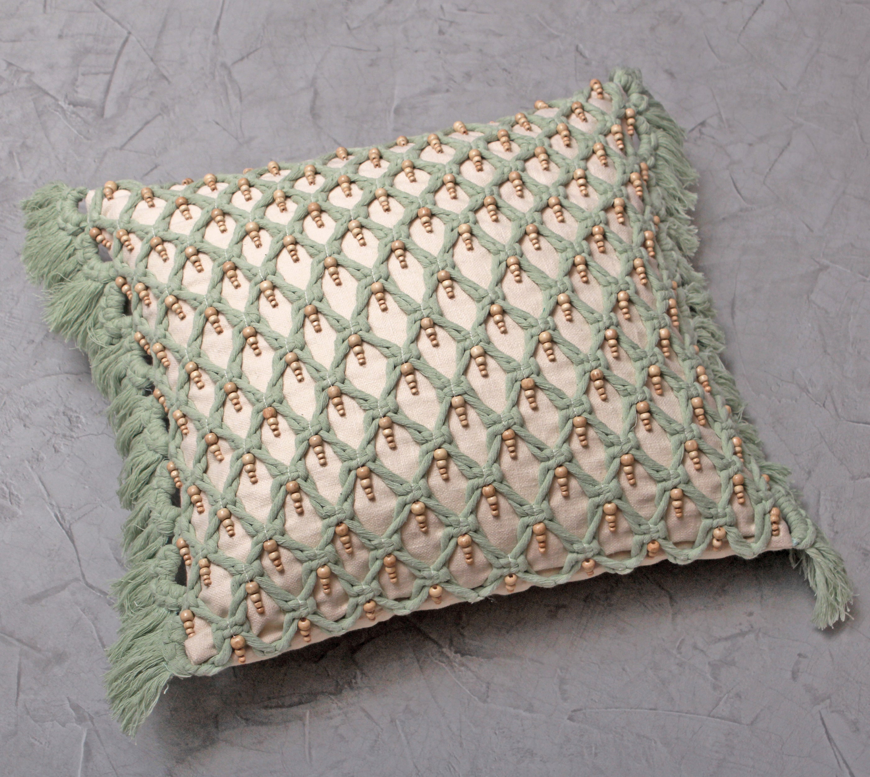 FREYA Sage Off-white Macrame Cotton Cushion Cover