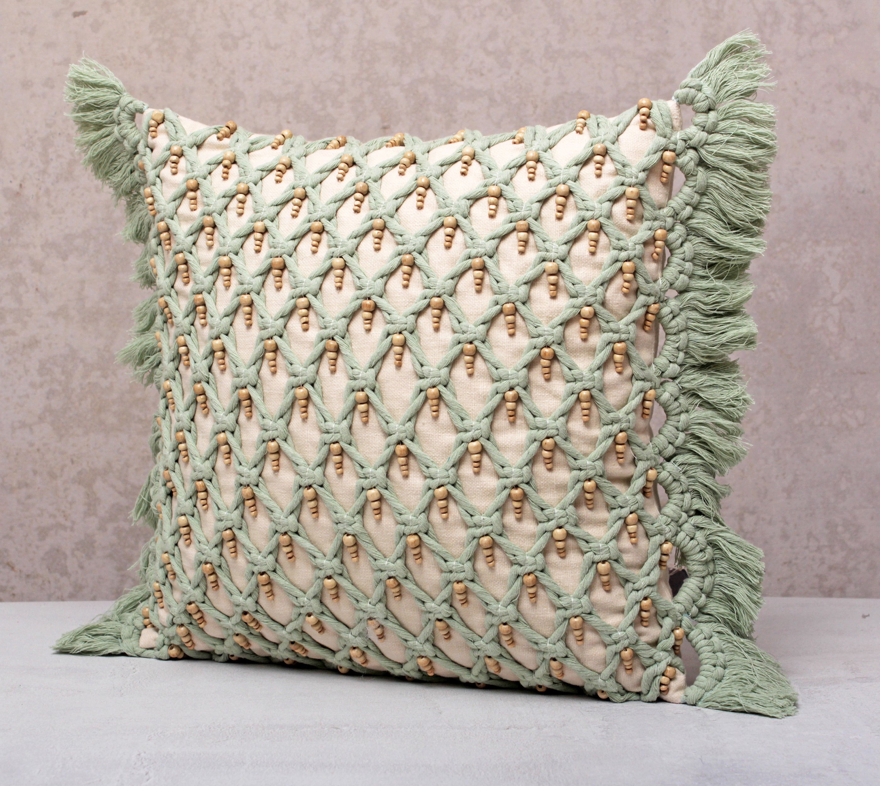 FREYA Sage Off-white Macrame Cotton Cushion Cover