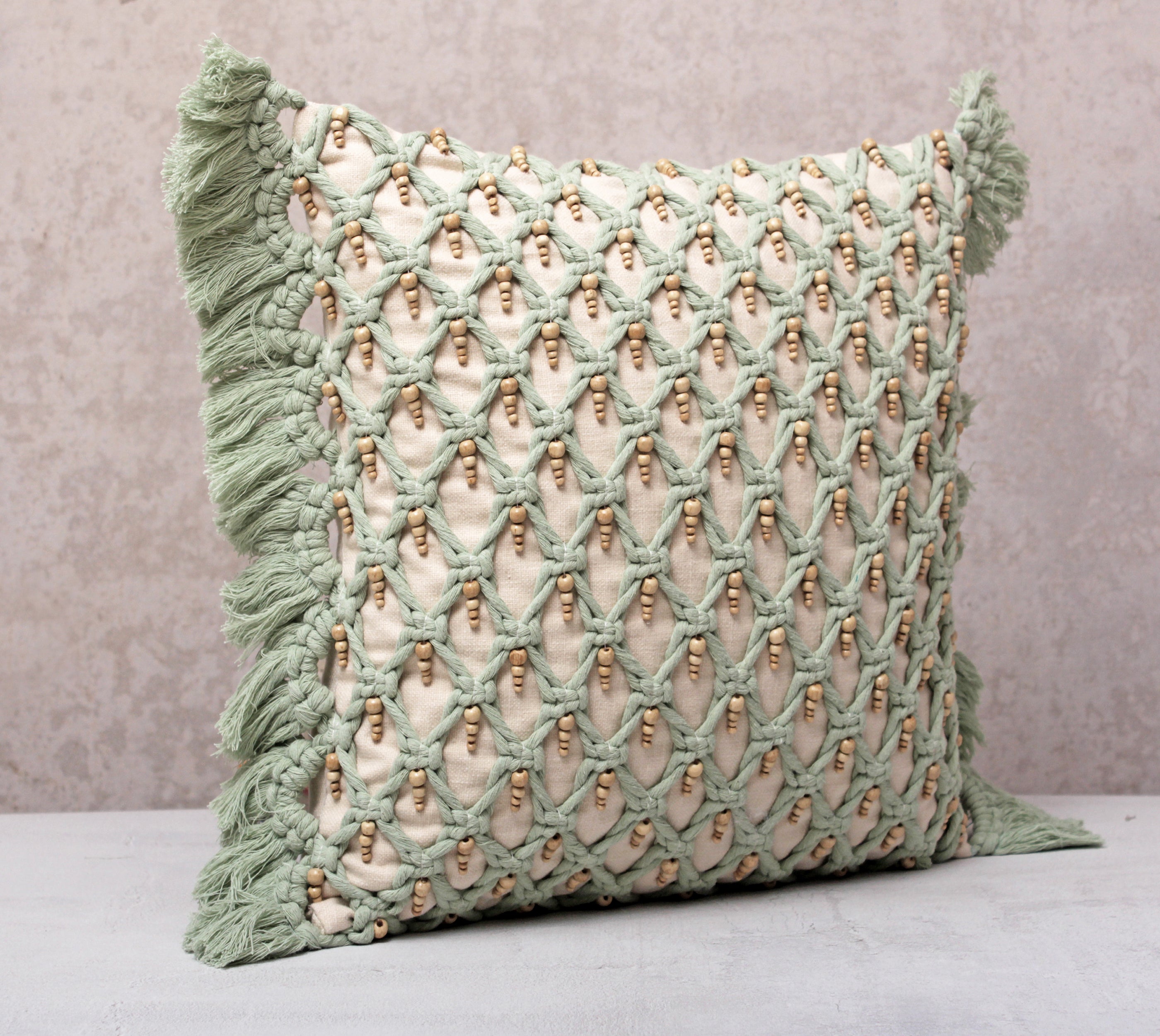 FREYA Sage Off-white Macrame Cotton Cushion Cover