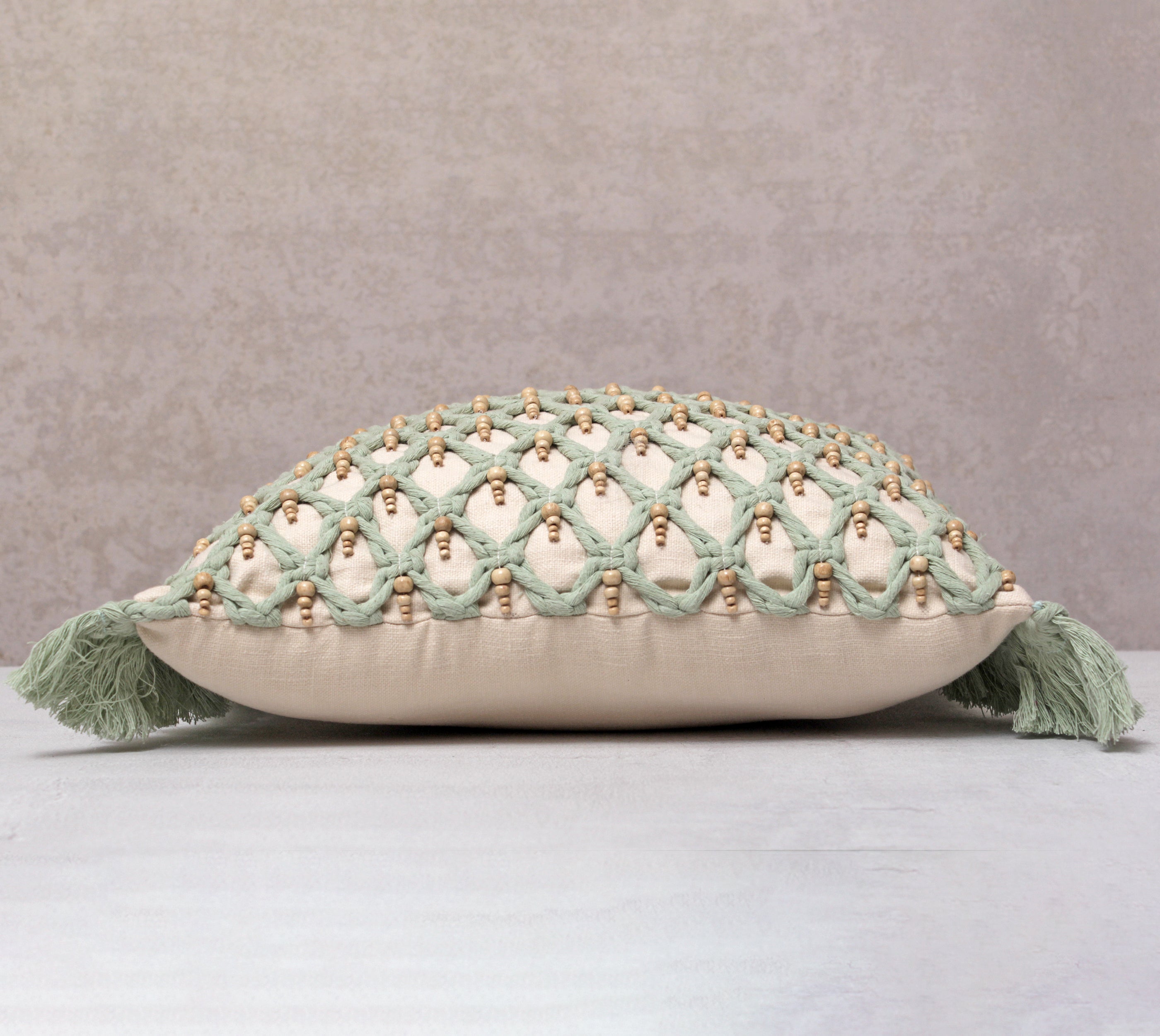 FREYA Sage Off-white Macrame Cotton Cushion Cover