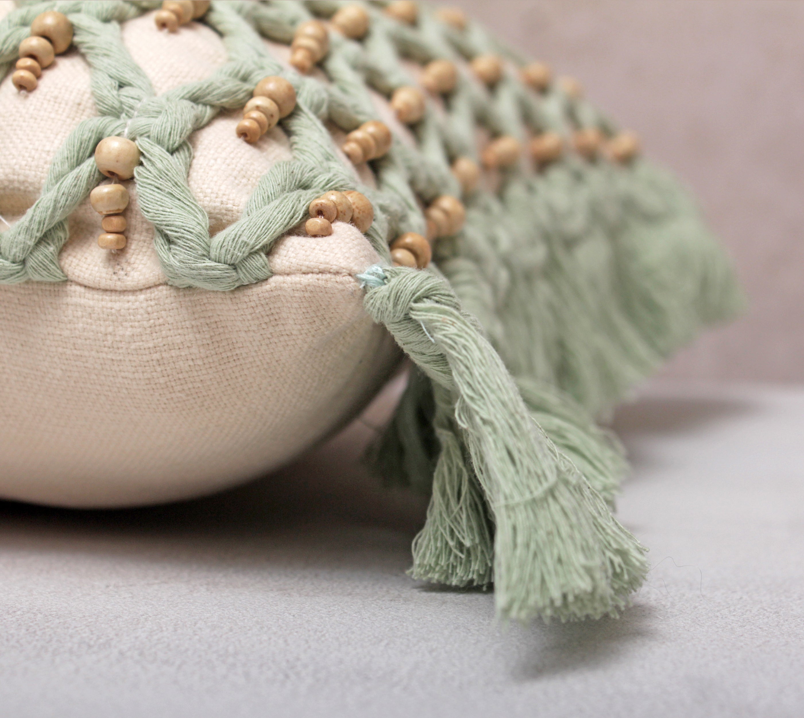 FREYA Sage Off-white Macrame Cotton Cushion Cover