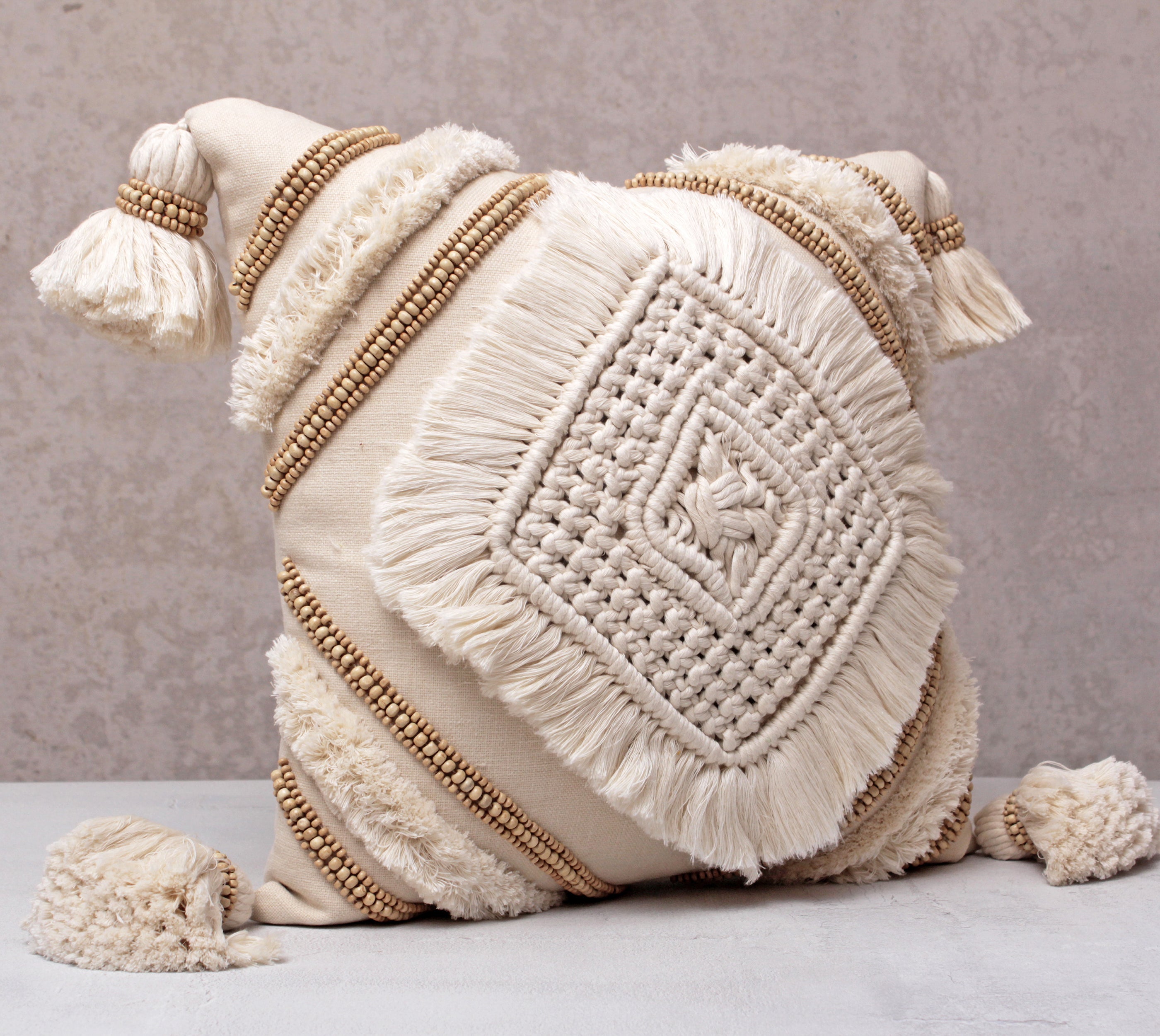 REVA Offwhite Macrame  Cotton Cushion Cover