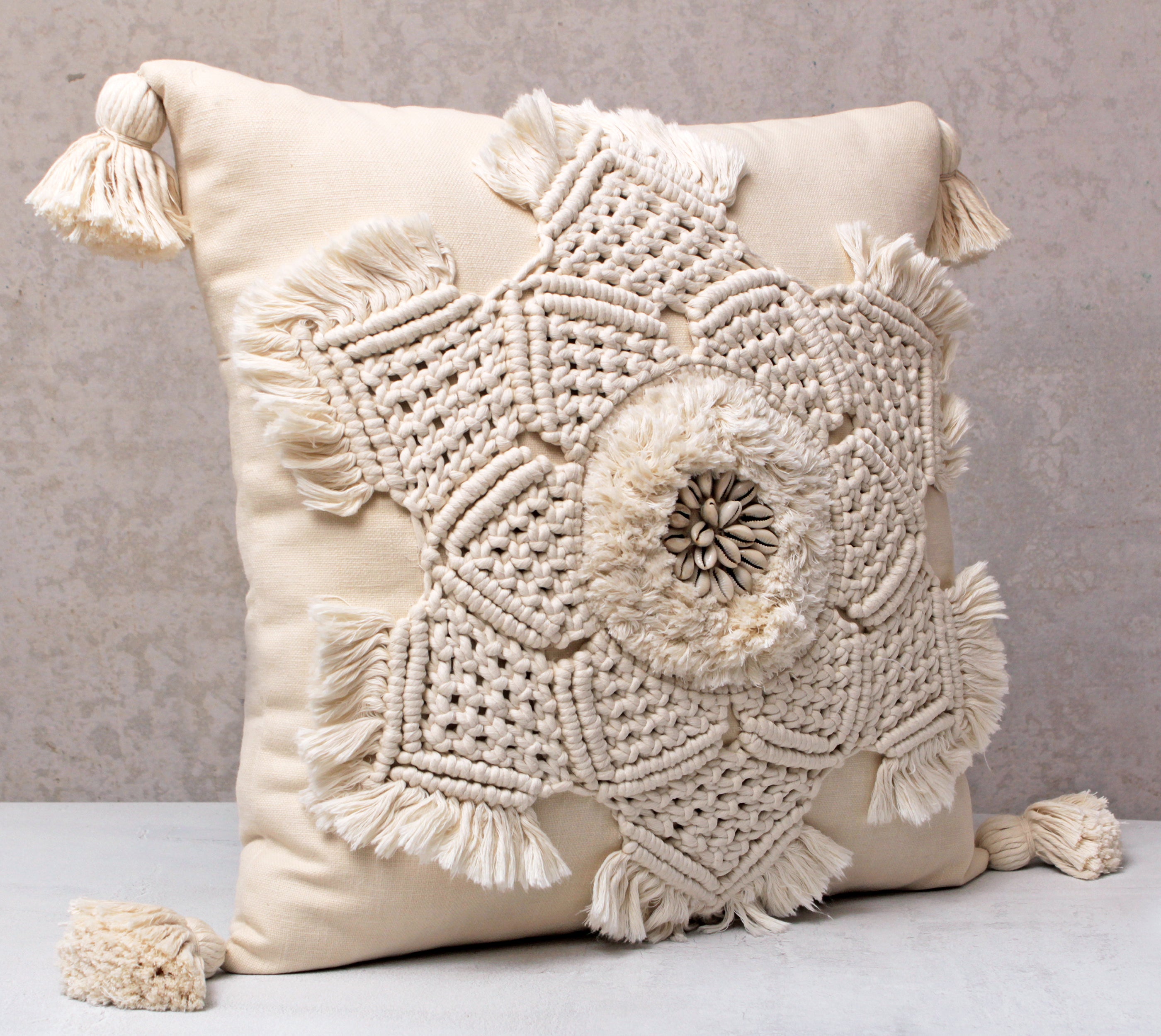 REVA Off-white Macrame Cotton Cushion Cover