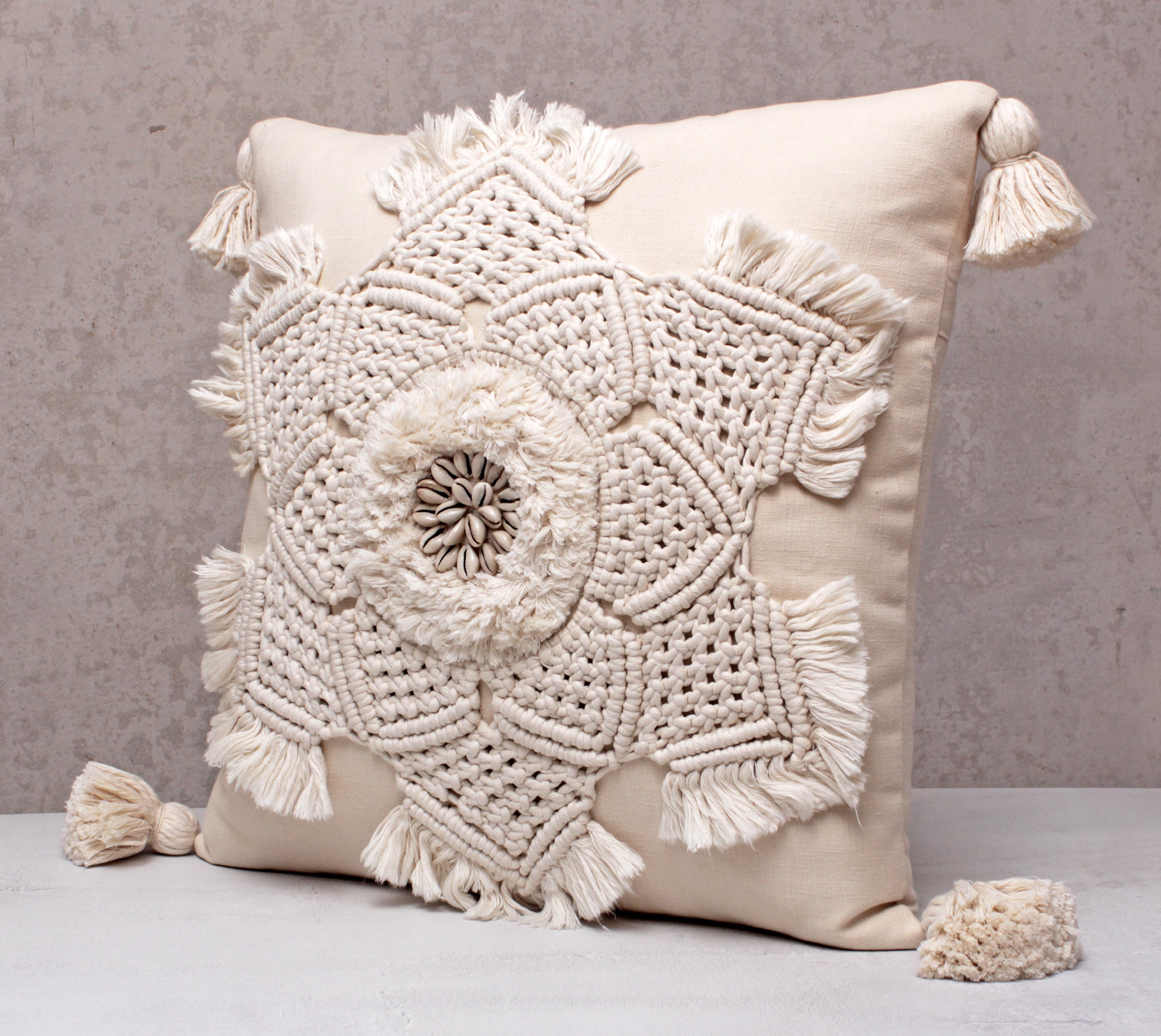 REVA Off-white Macrame Cotton Cushion Cover