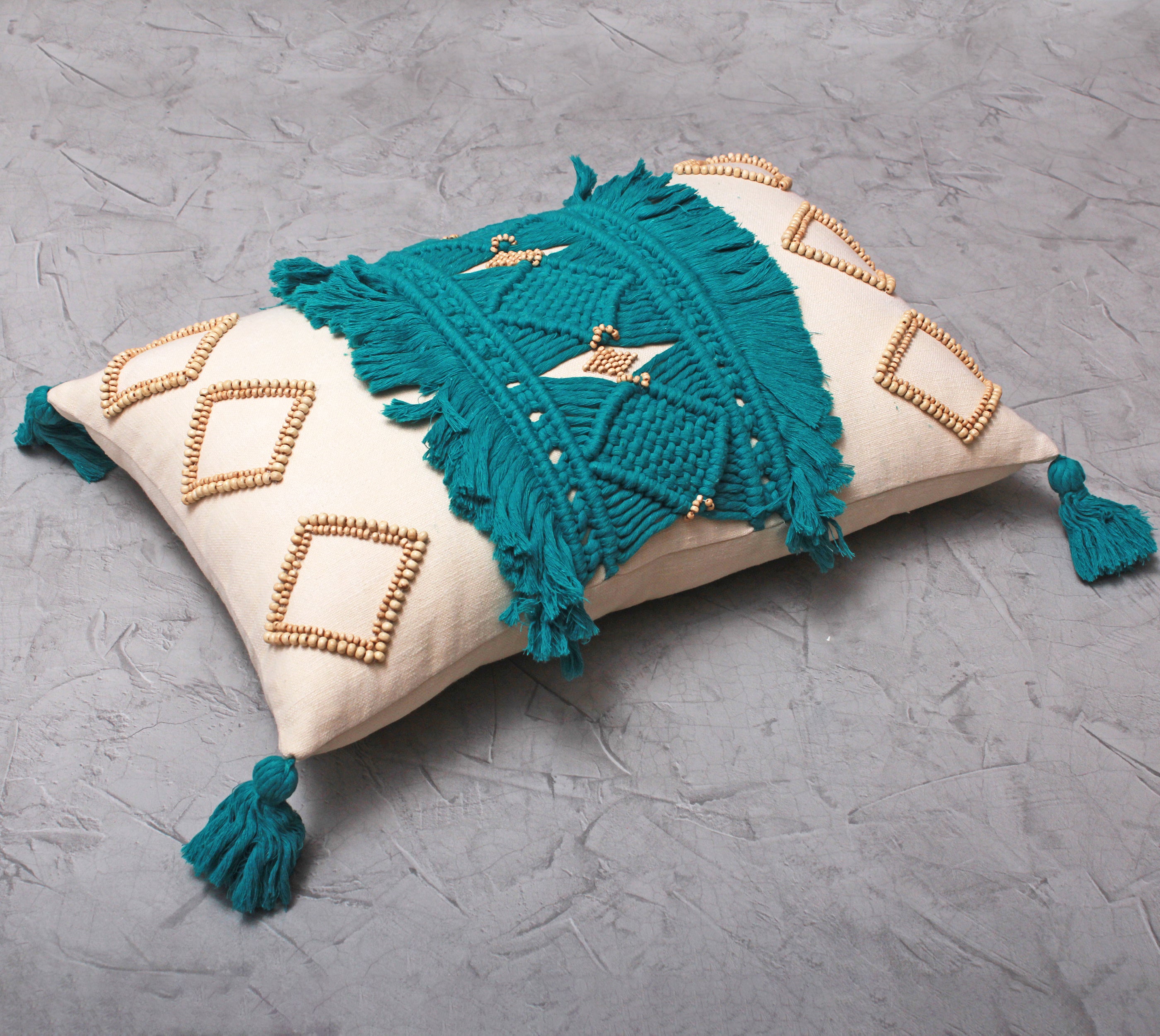 REVA Teal Off-white Macrame Cotton Cushion Cover