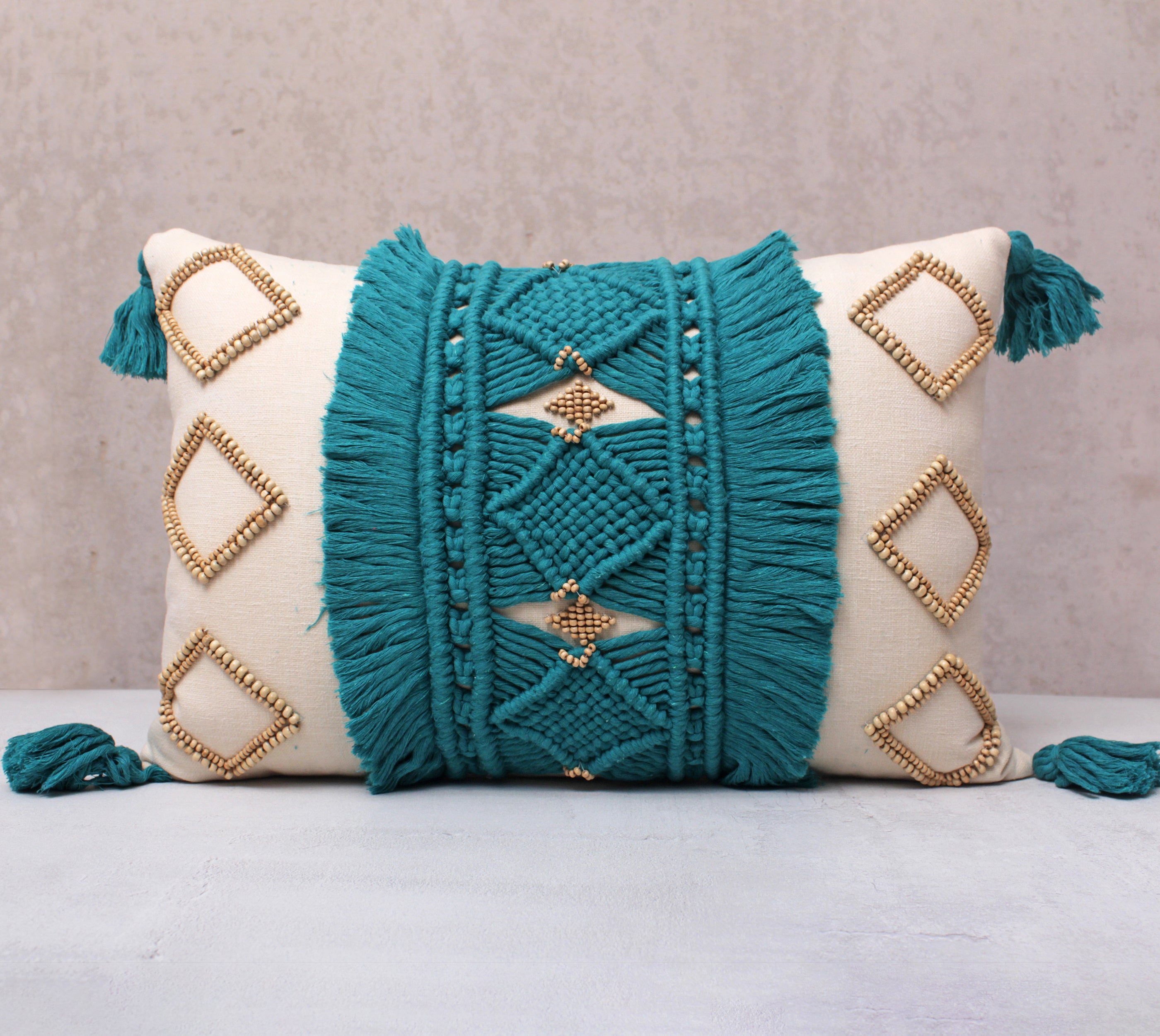 REVA Teal Off-white Macrame Cotton Cushion Cover