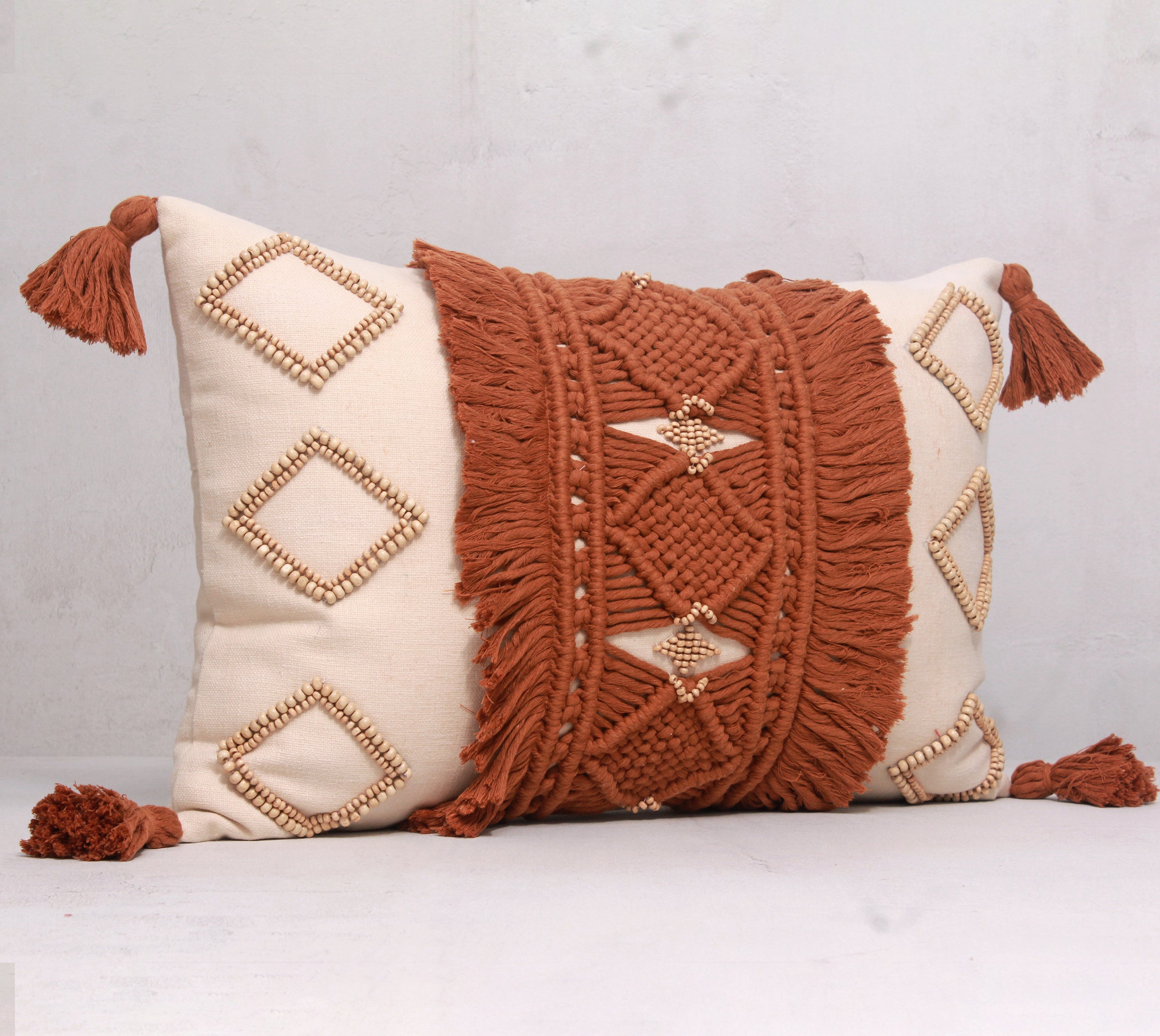 REVA Rust Off-white Macrame Cotton Cushion Cover