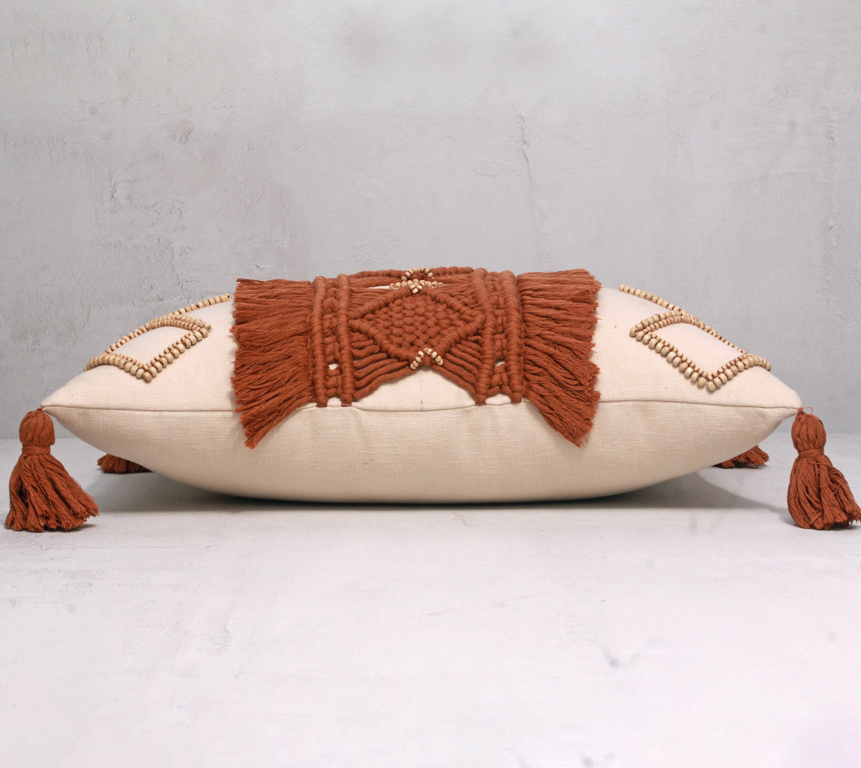 REVA Rust Off-white Macrame Cotton Cushion Cover