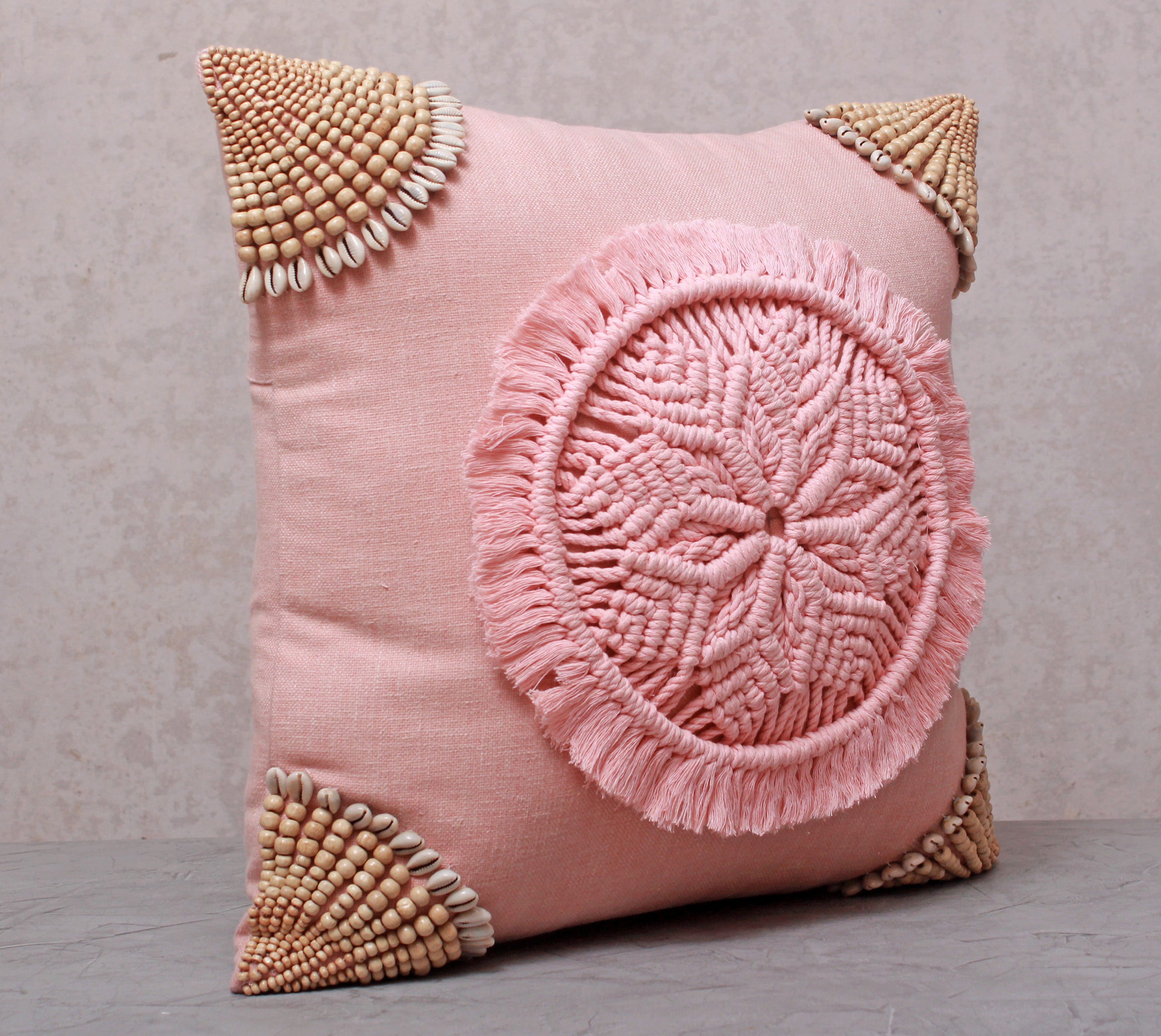 ORLA Pink Centre Macrame Cotton Cushion Cover